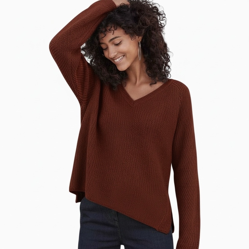 WRAP London V Neck Knit Russet Brown 100% Cotton Sweater size US 10/medium